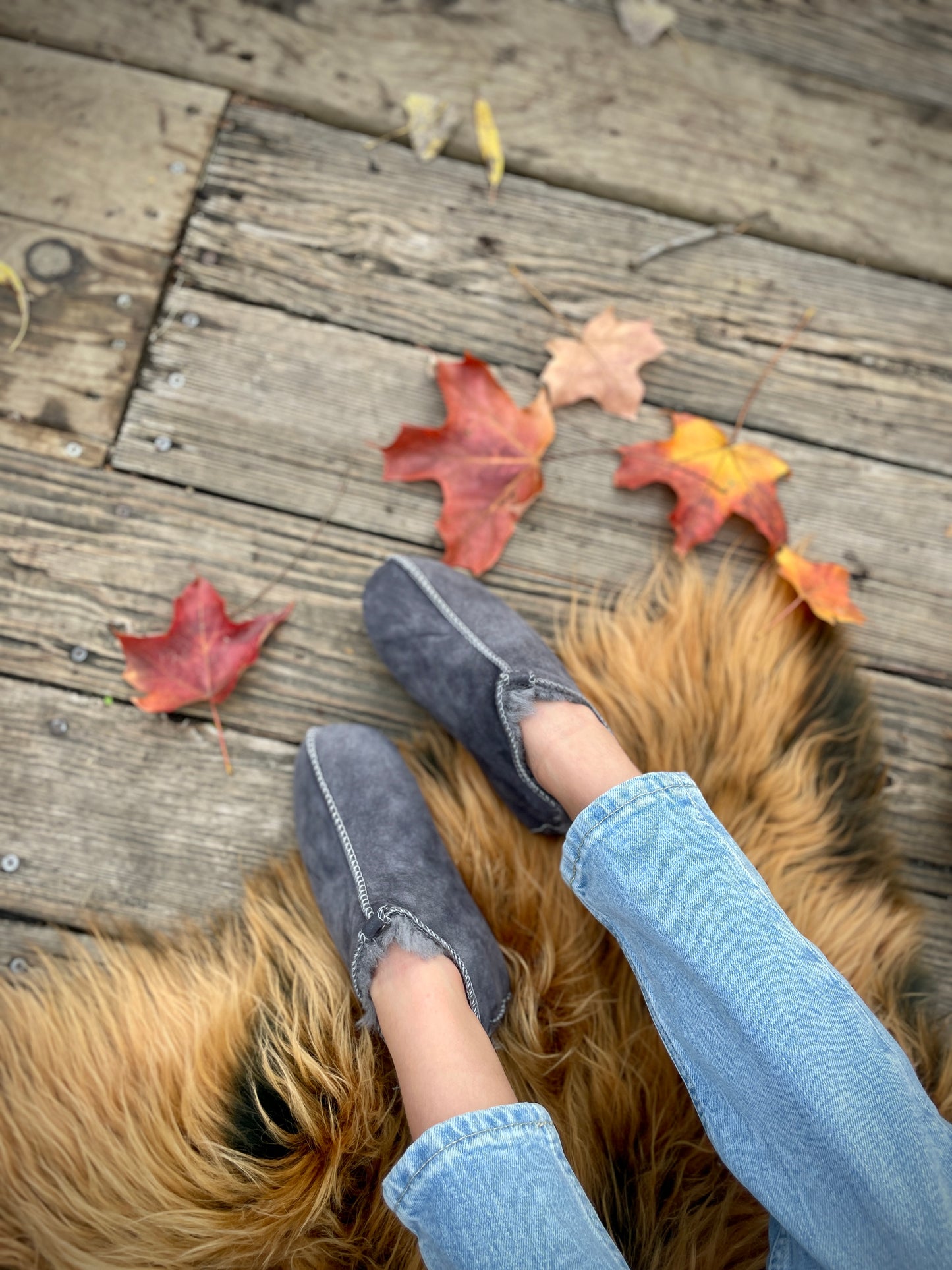 Natural Sheepskin Slippers with Leather Soles Color Grey – Warm, Grounding, Eco-Friendly Comfort Handmade