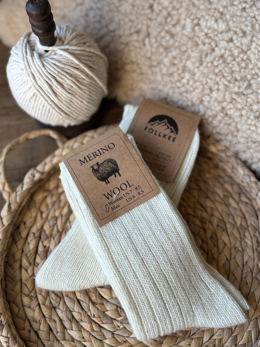 Follkee Ivory Merino Organic Wool Socks Fall Winter Hiking, Trekking Great Gift Idea, Cozy Socks, Fuzzy Socks, Natural Organic Socks, Earthing