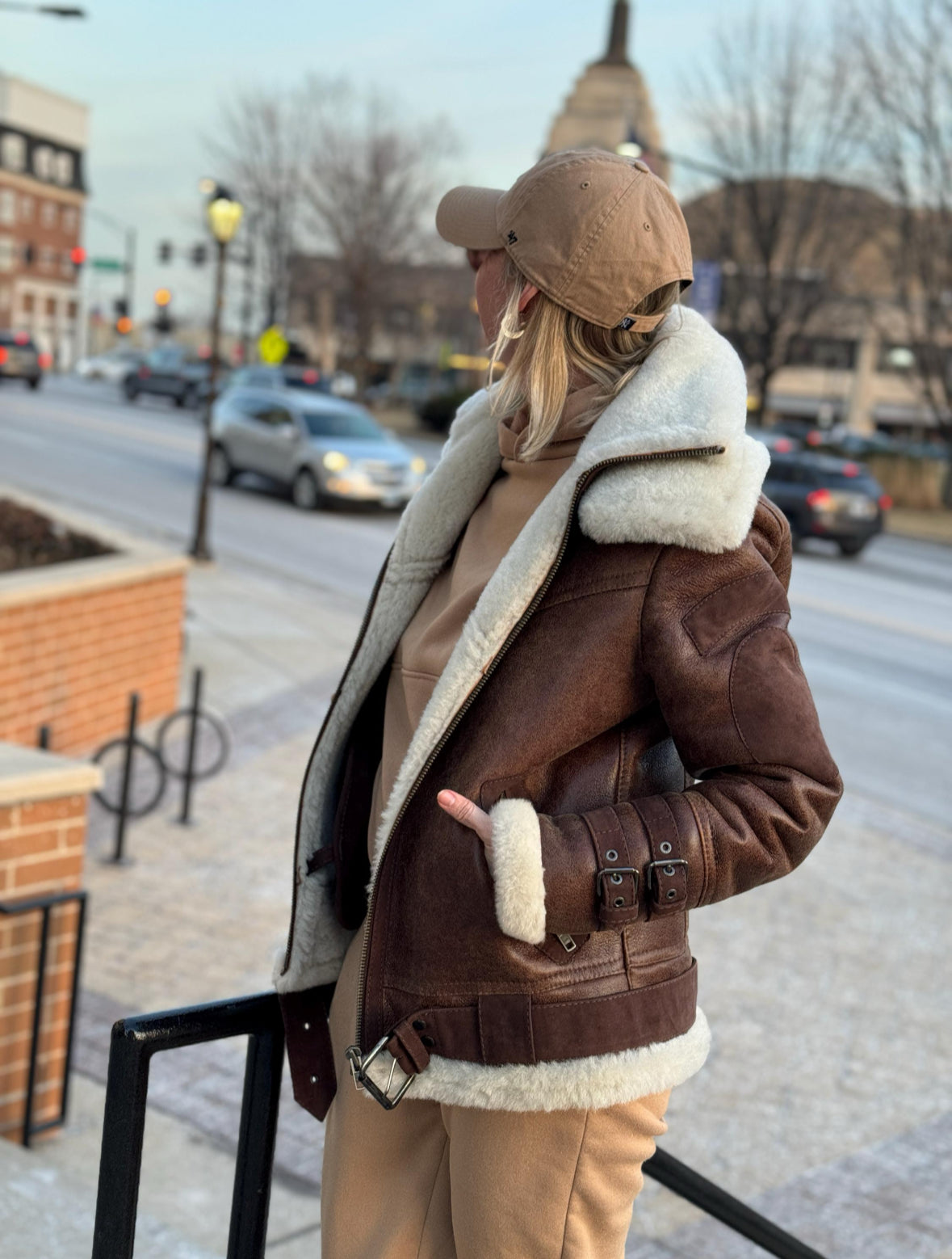Follkee Real Sheepskin Aviator Pilot Bomber Jacket, UNISEX Handmade Double Collar| Country Style