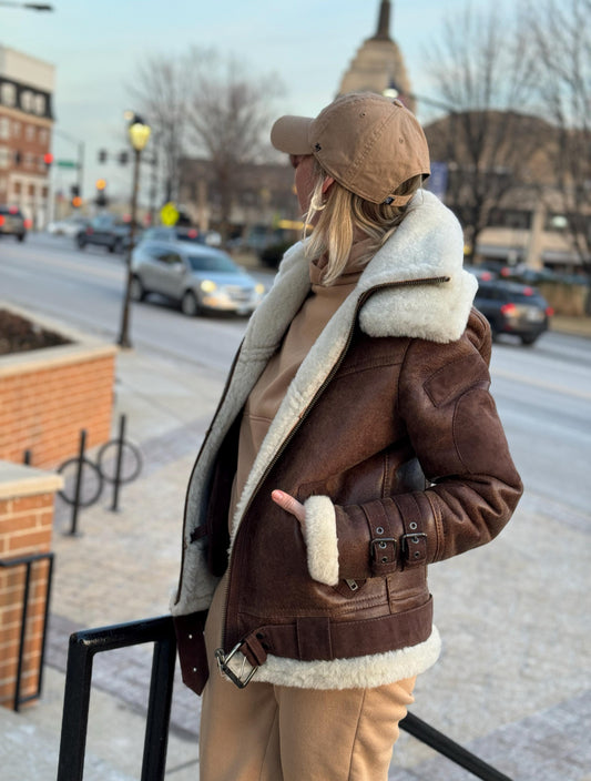 Follkee Real Sheepskin Aviator Pilot Bomber Jacket, UNISEX Handmade Double Collar| Country Style
