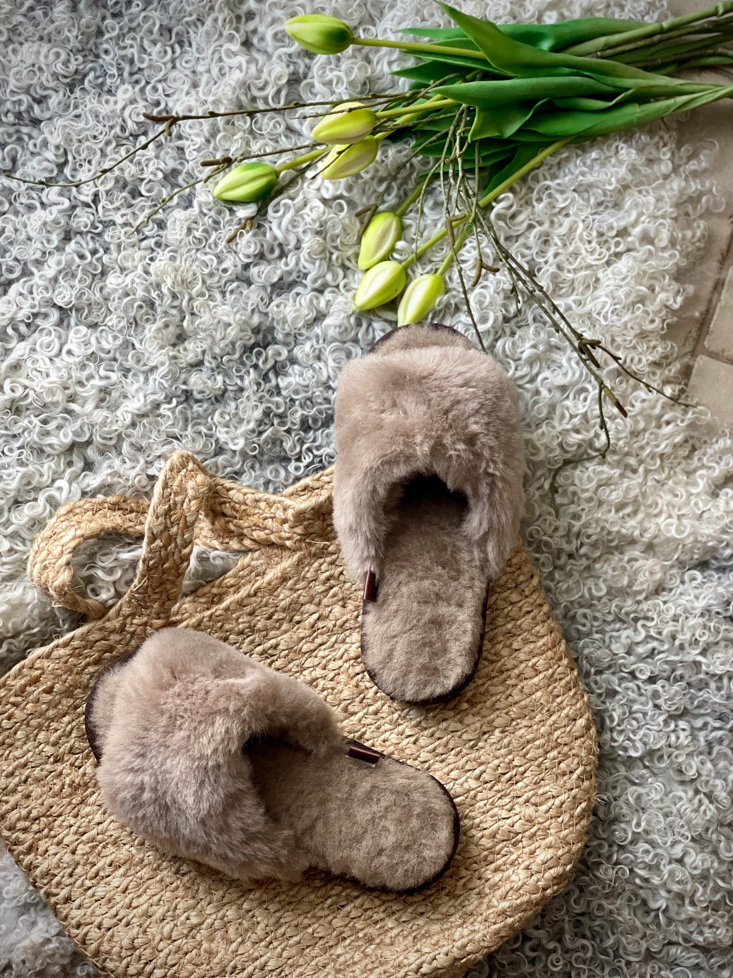 Follkee Women's Earthy Gray Slippers Fluffy Slip On 100% Wool Leather Sheep Skin Handcrafted Luxury
