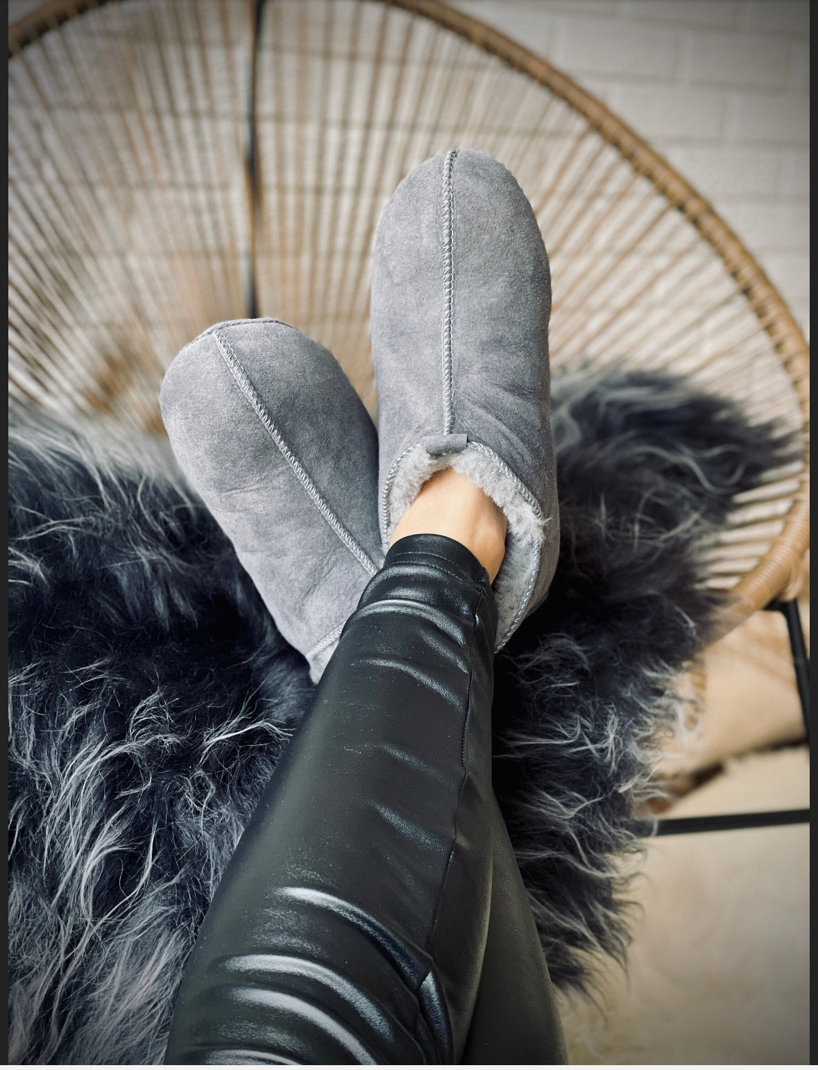 Natural Sheepskin Slippers with Leather Soles Color Grey – Warm, Grounding, Eco-Friendly Comfort Handmade