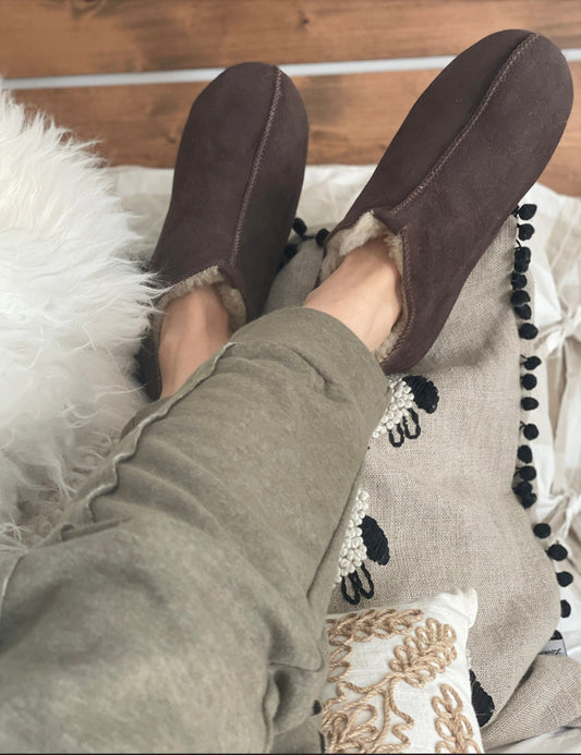 Natural Sheepskin Slippers with Leather Soles Brown Color – Warm, Grounding, Eco-Friendly Comfort Handmade