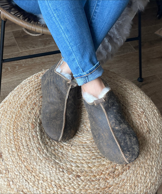 Follkee Slippers Bambosh Sheep Skin Wool Lined House Shoes Mens Slippers Womens Slippers Brown Deka Slippers  Handcrafted