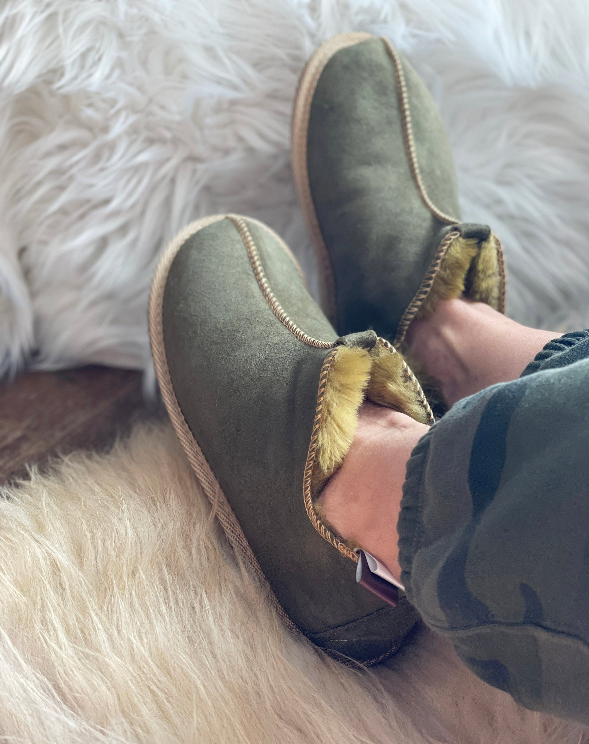 Follkee Slippers Sheep Skin Wool Lined House Shoes Mens Slippers Womens Slippers Green Slippers Handcrafted