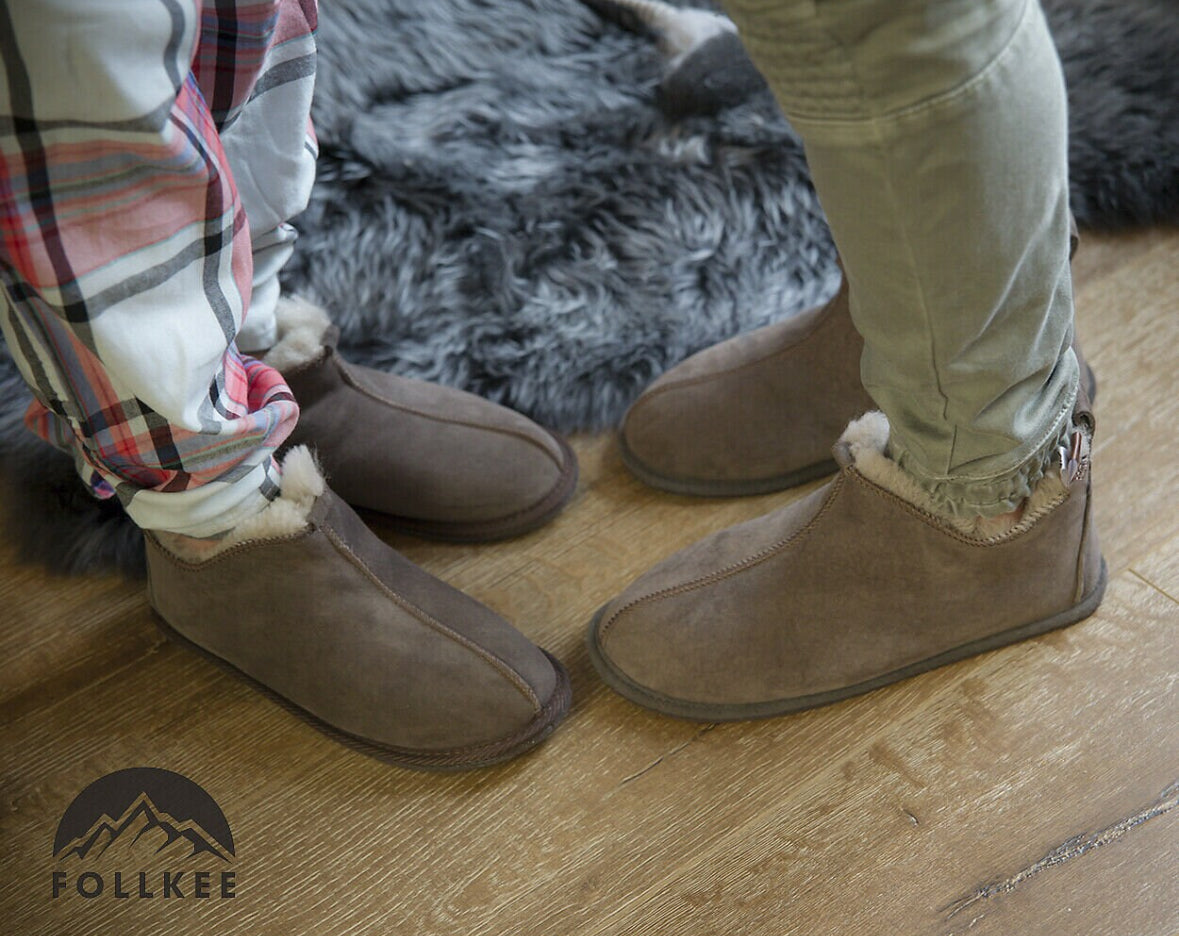 Follkee Slippers Sheep Skin Wool Lined House Shoes Mens Slippers Womens Slippers Brown Slippers Handcrafted