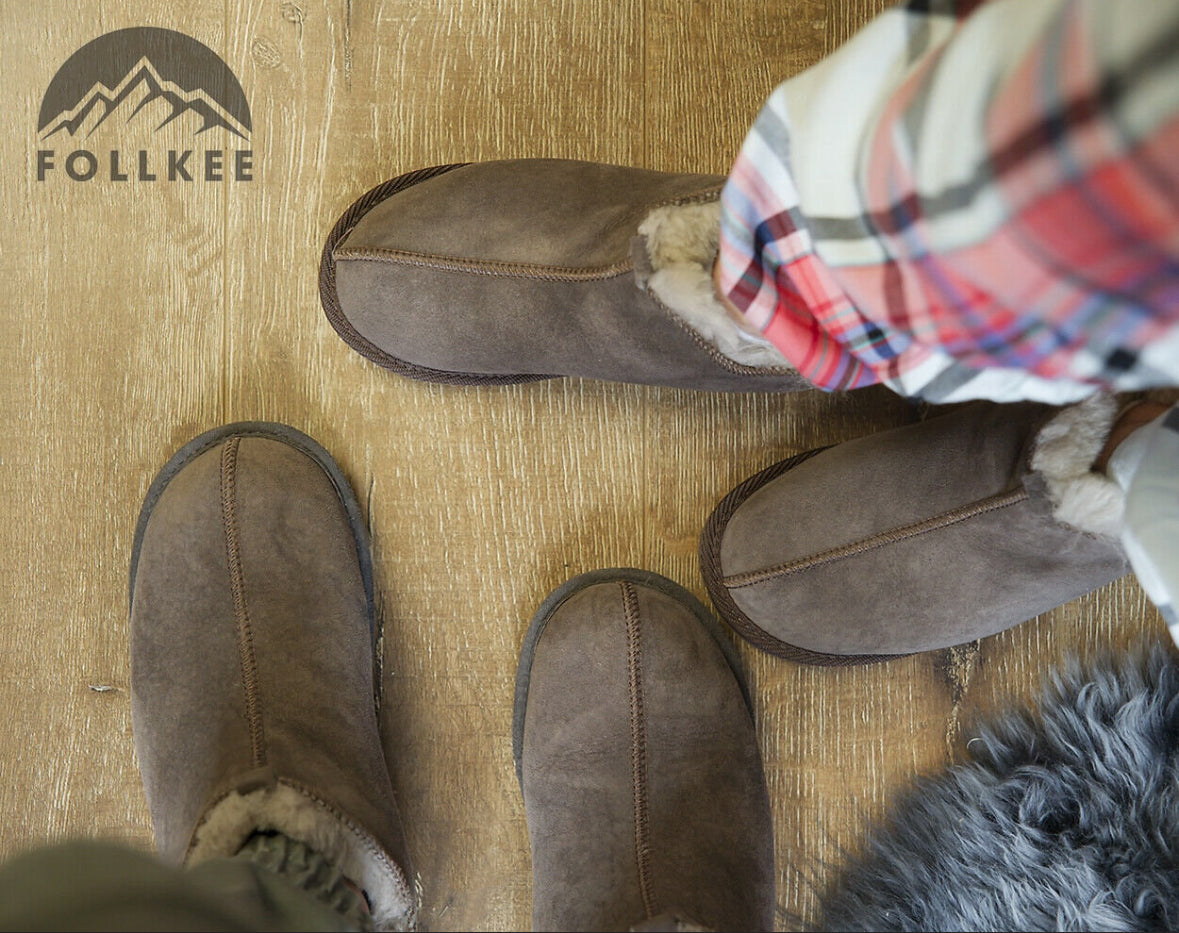 Follkee Slippers Sheep Skin Wool Lined House Shoes Mens Slippers Womens Slippers Brown Slippers Handcrafted