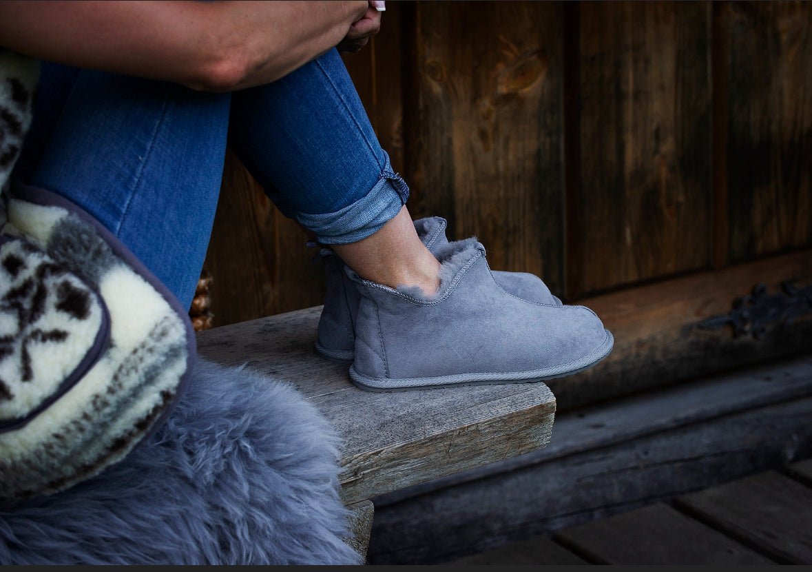Follkee Slippers Sheep Skin Wool Lined House Shoes Mens Slippers Womens Slippers Grey Slippers Handcrafted