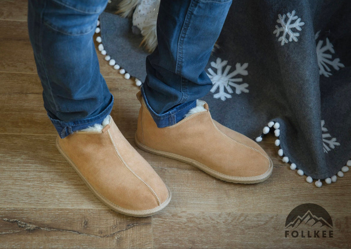Follkee Slippers Sheep Skin Wool Lined House Shoes Mens Slippers Womens Slippers Beige Slippers Handcrafted