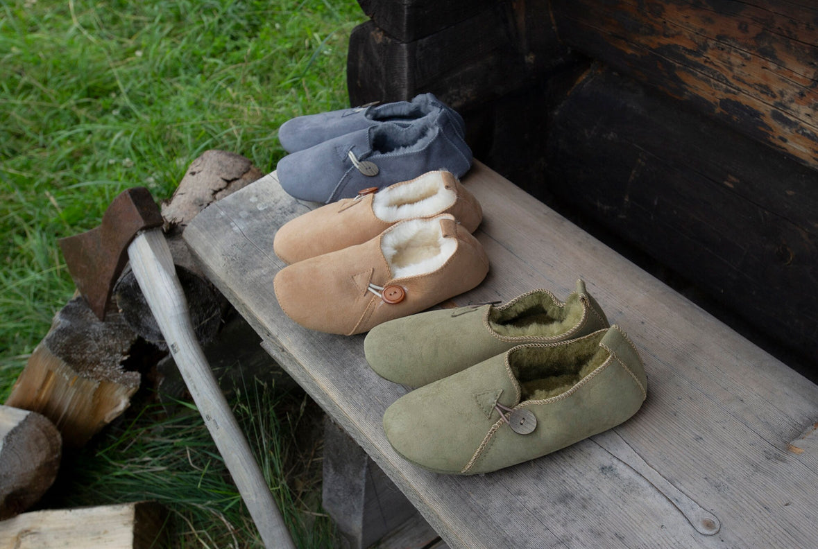 Follkee Slippers Bambosh Earthy Green Sheep Skin Wool Lined Handcrafted Luxury Slippers