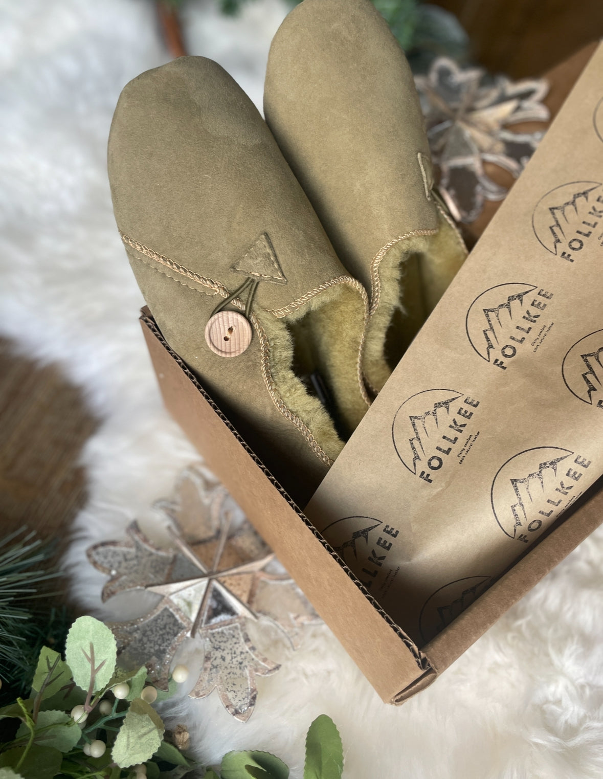 Follkee Slippers Bambosh Earthy Green Sheep Skin Wool Lined Handcrafted Luxury Slippers