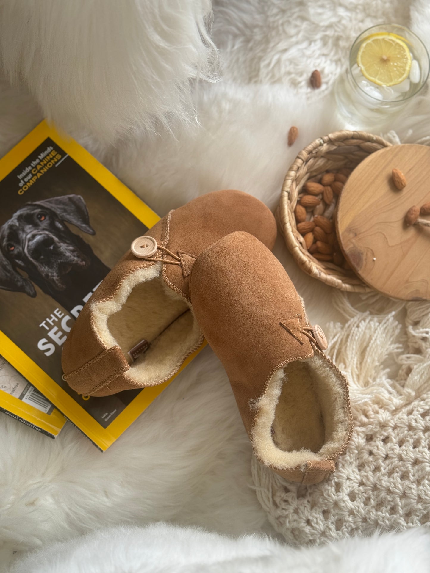 Follkee Slippers Bambosh Natural Beige Sheep Skin Wool Lined Handcrafted Luxury Slippers