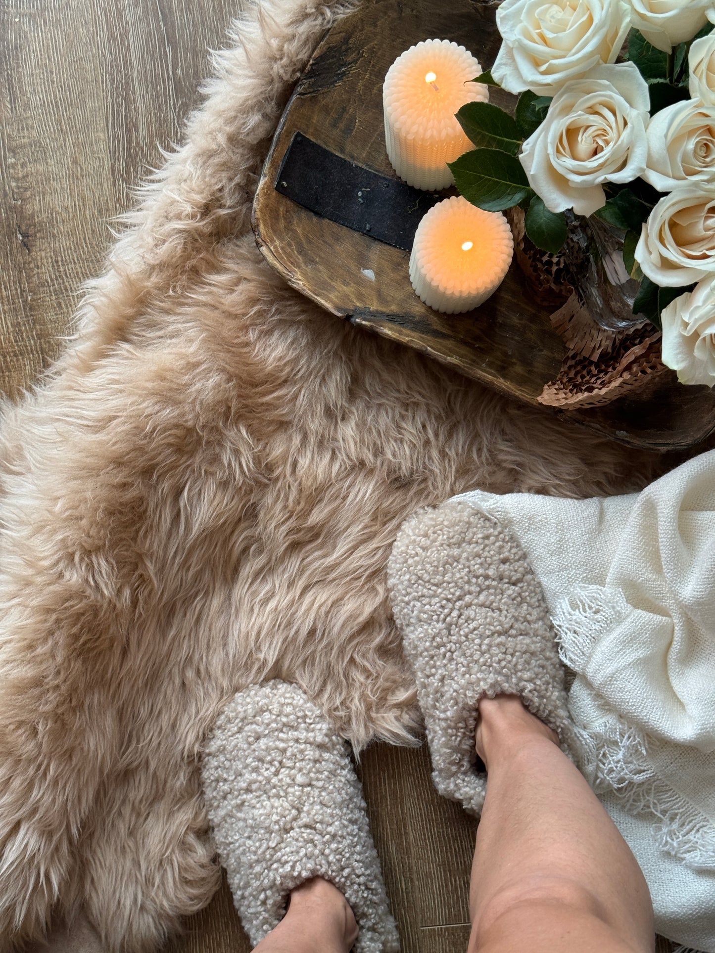 Follkee Teddy Bear Slippers Natural Beige Sheep Skin Wool Lined Handcrafted Luxury Slippers