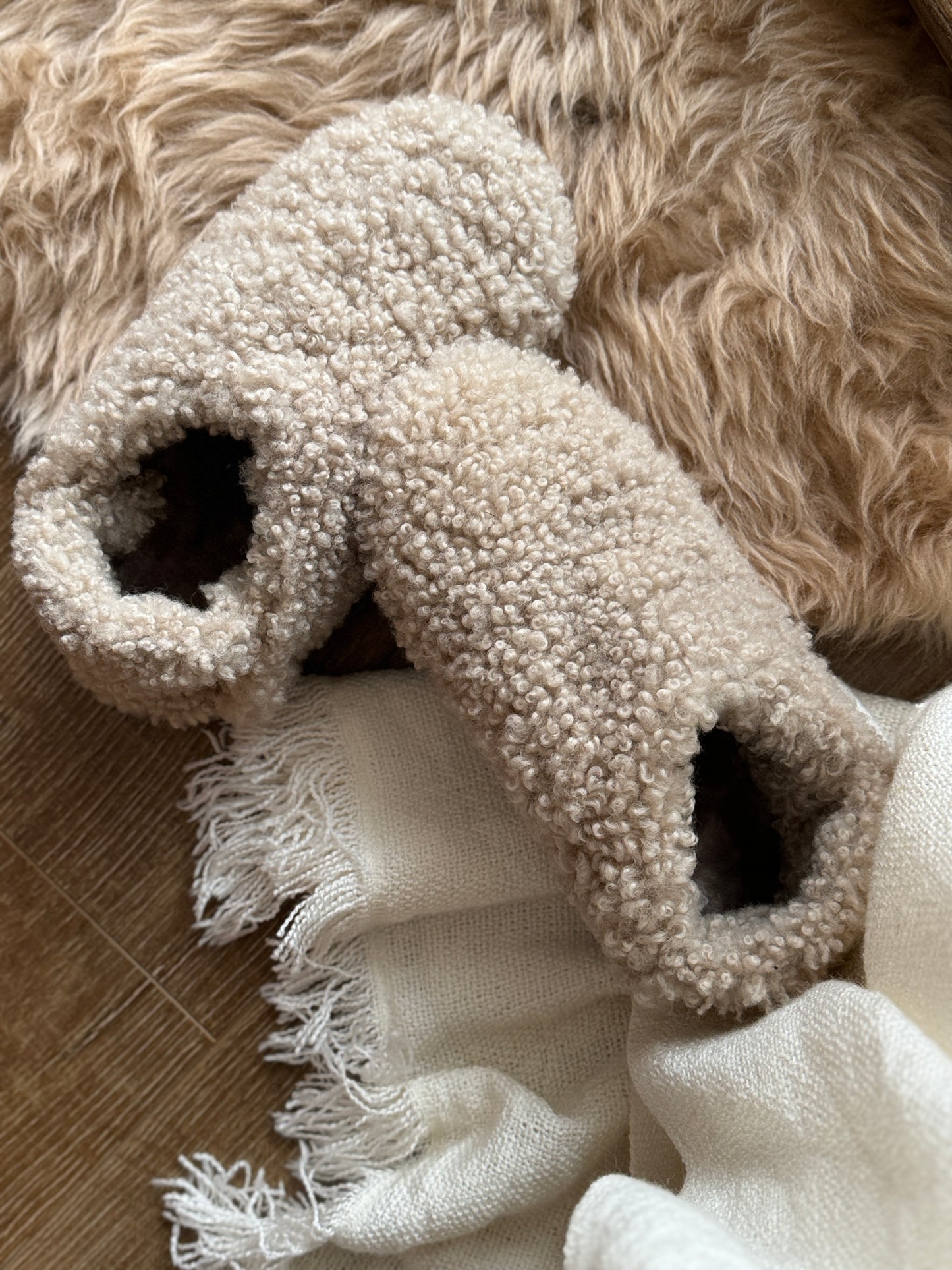 Follkee Teddy Bear Slippers Natural Beige Sheep Skin Wool Lined Handcrafted Luxury Slippers