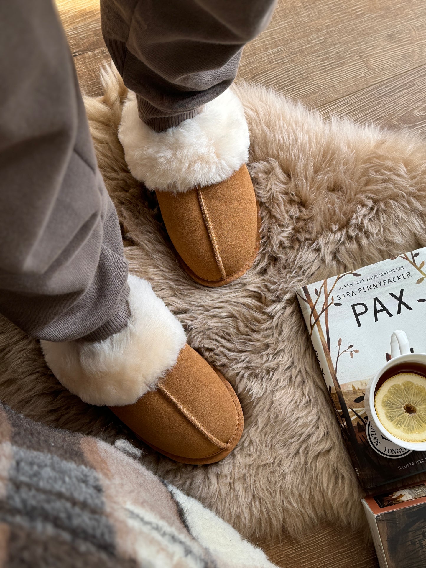 Follkee Slip-on Sheep Skin Wool Slippers Woman Slippers House Shoes Beige Slippers Leather Slippers Shearling Comfort & Warmth Luxurious