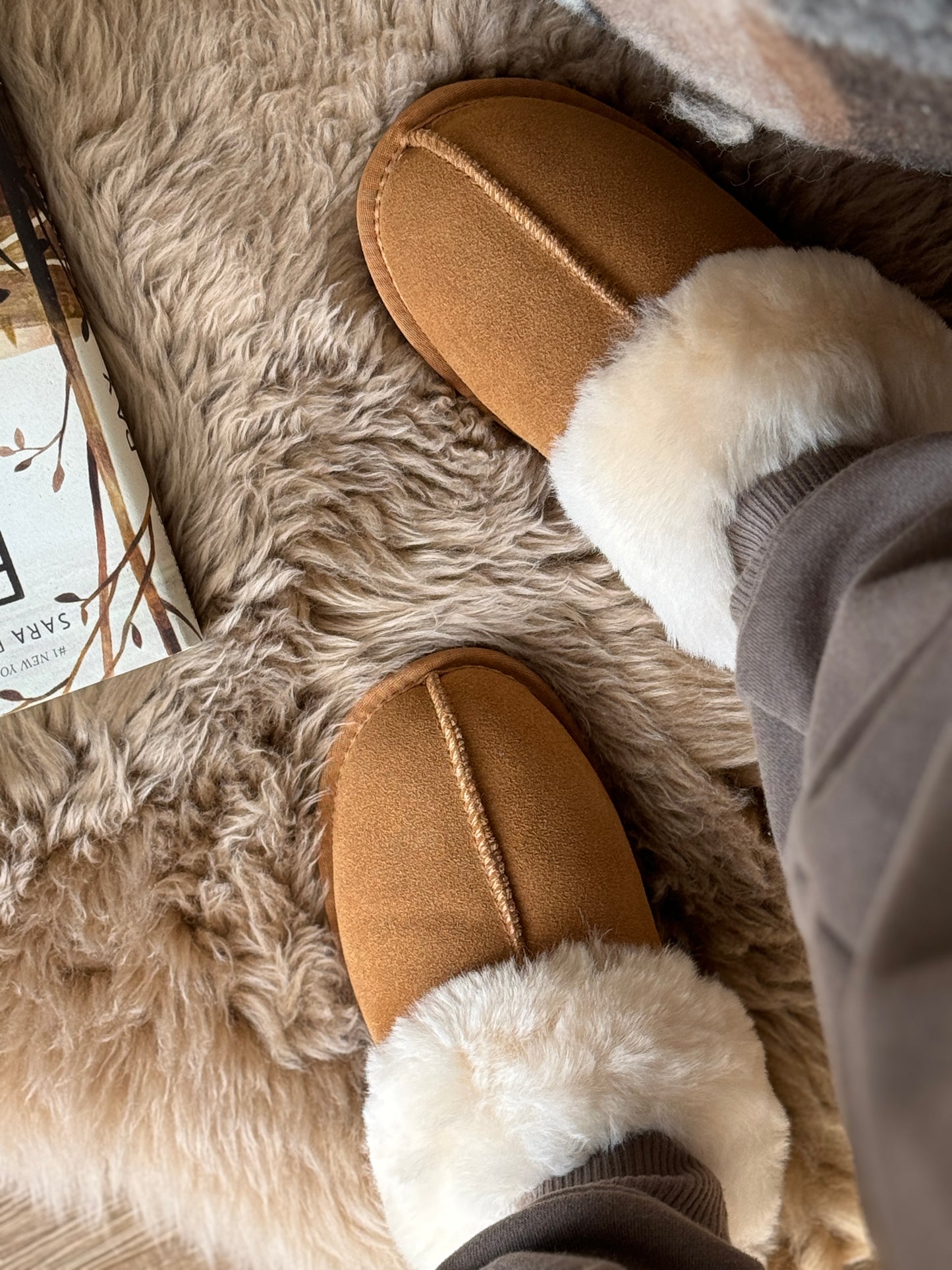 Follkee Slip-on Sheep Skin Wool Slippers Woman Slippers House Shoes Beige Slippers Leather Slippers Shearling Comfort & Warmth Luxurious