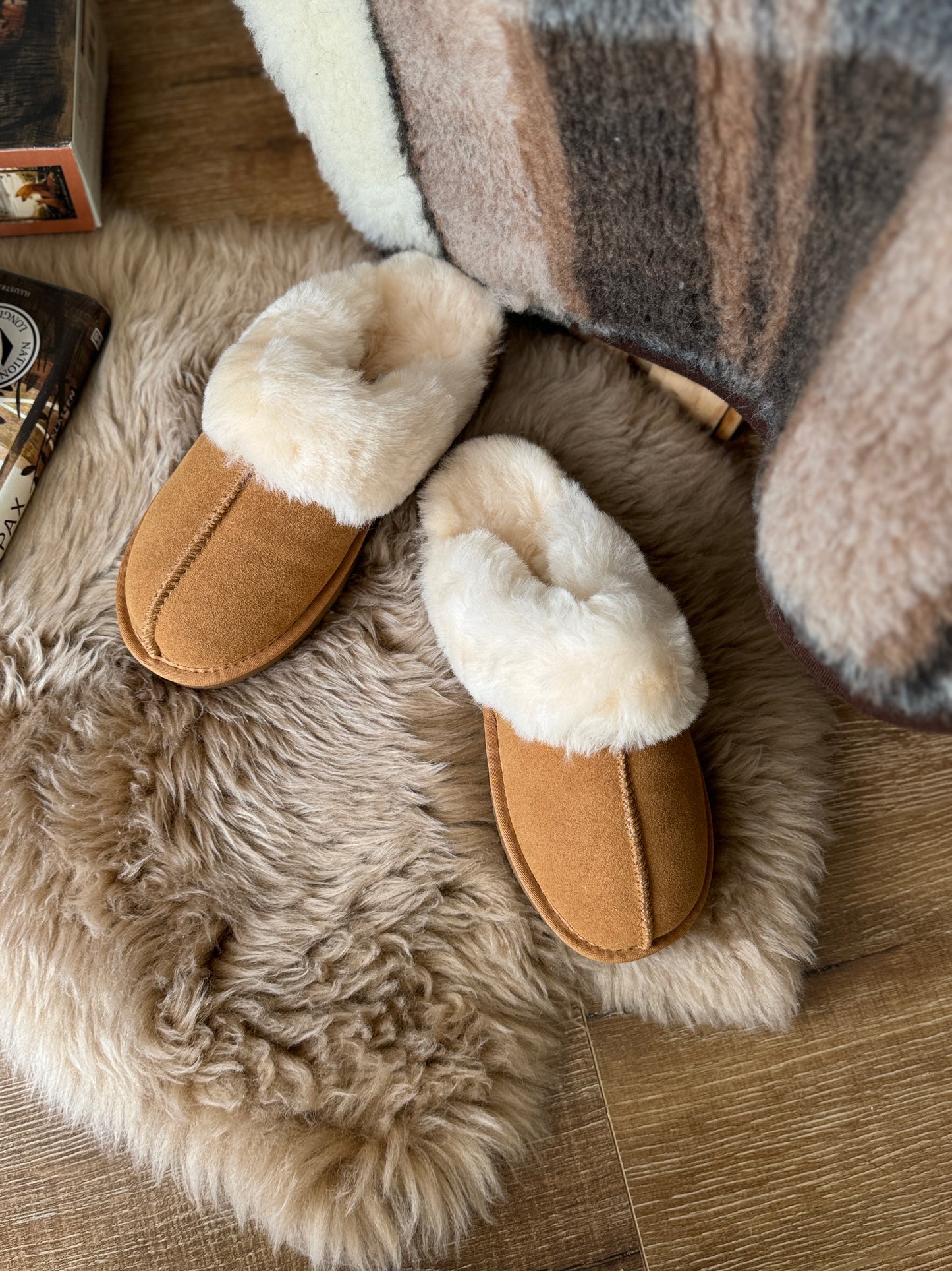 Follkee Kids Slip-on Sheep Skin Wool Slippers House Shoes Beige Slippers Leather