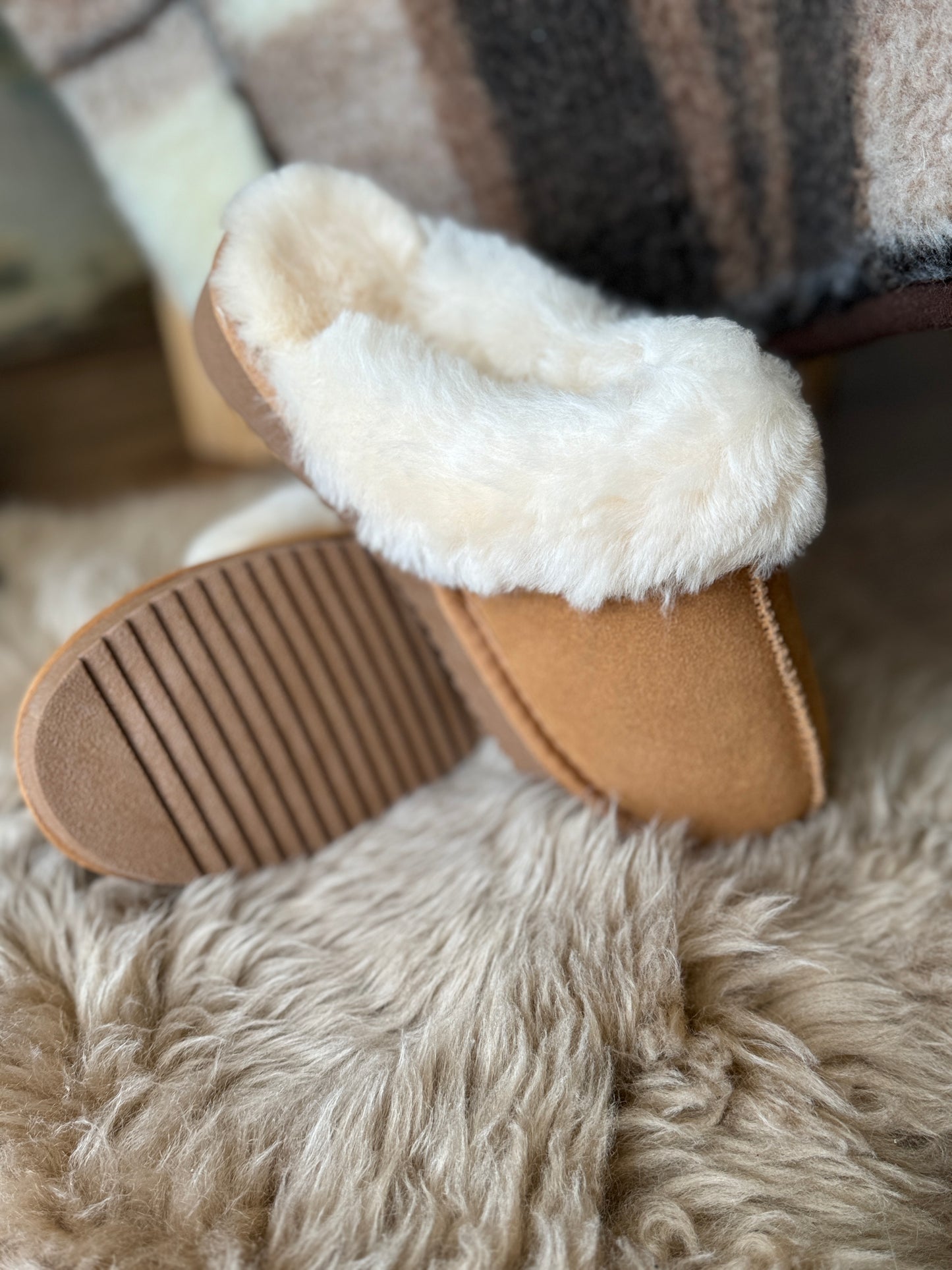 Follkee Kids Slip-on Sheep Skin Wool Slippers House Shoes Beige Slippers Leather