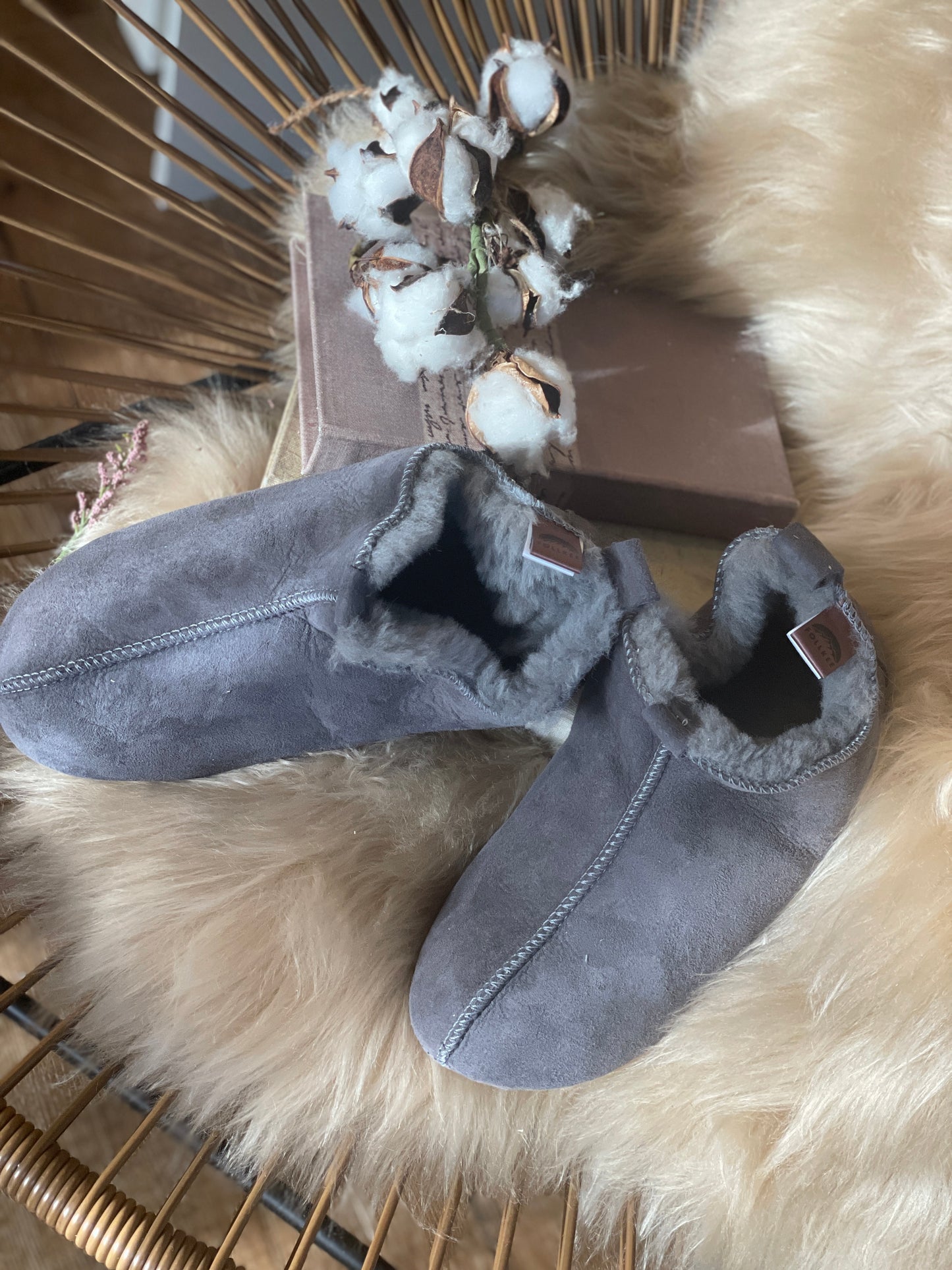 Natural Sheepskin Slippers with Leather Soles Color Grey – Warm, Grounding, Eco-Friendly Comfort Handmade