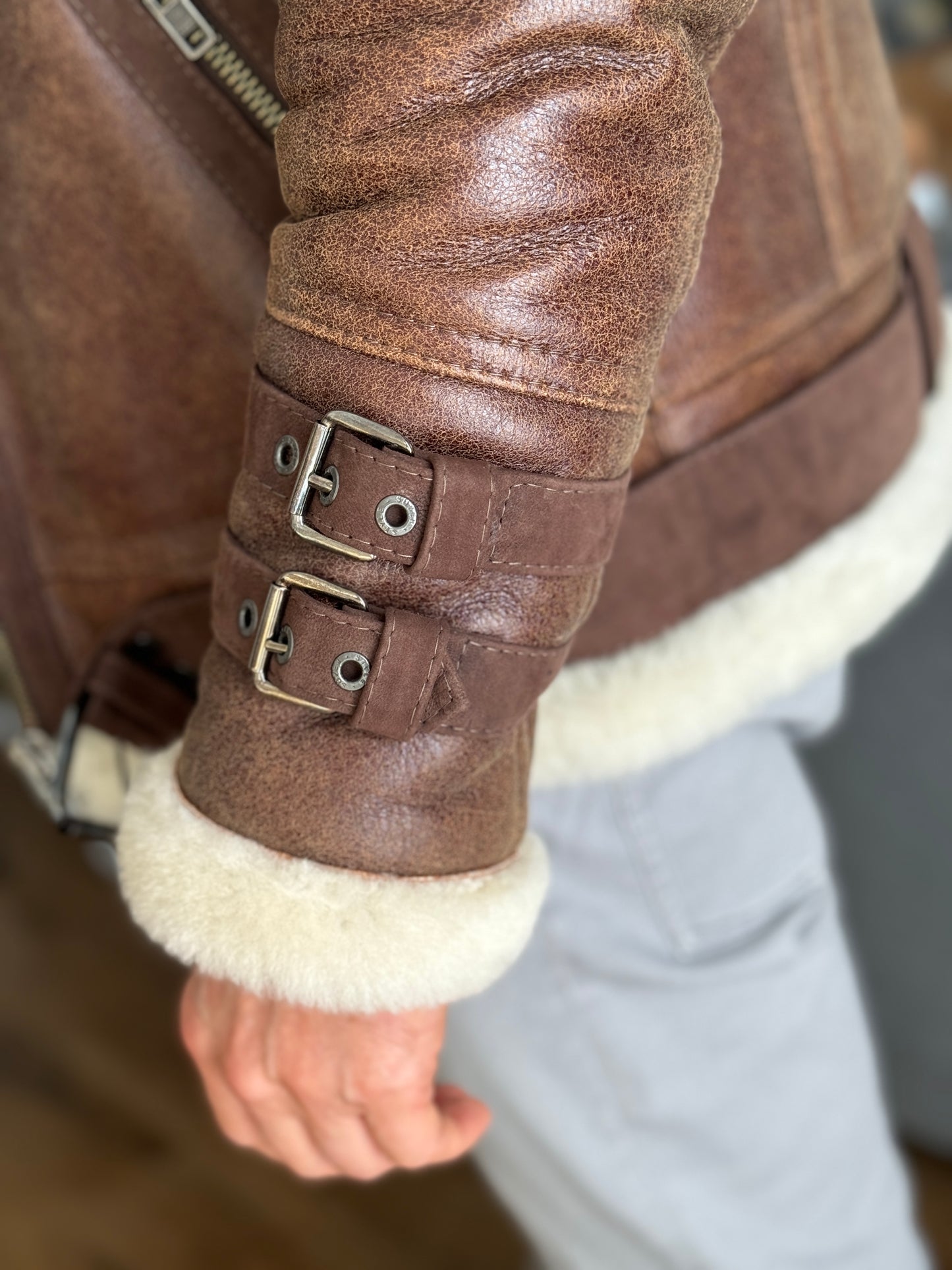 Follkee Real Sheepskin Aviator Pilot Bomber Jacket, UNISEX Handmade Double Collar| Country Style