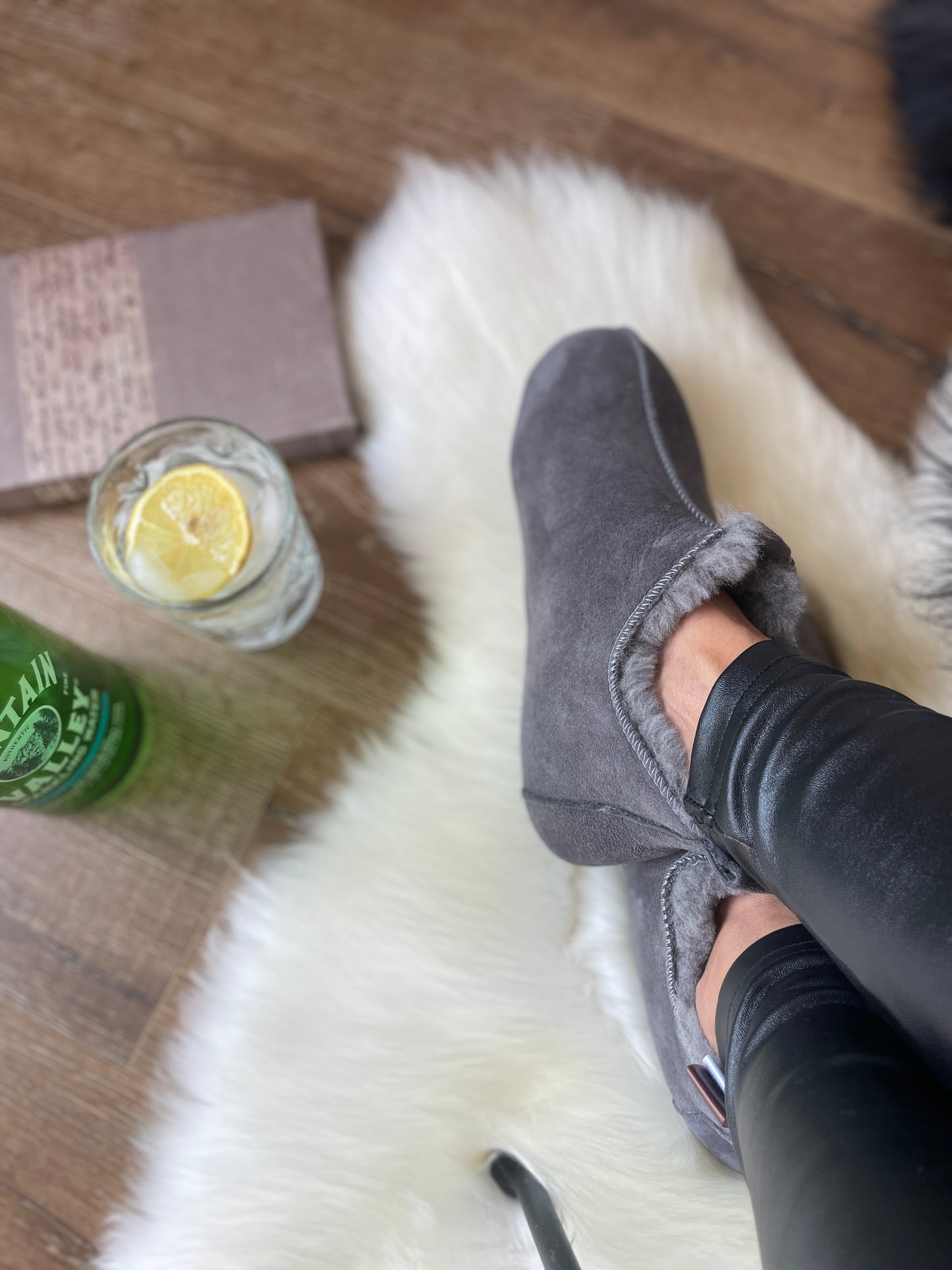 Natural Sheepskin Slippers with Leather Soles Color Grey – Warm, Grounding, Eco-Friendly Comfort Handmade
