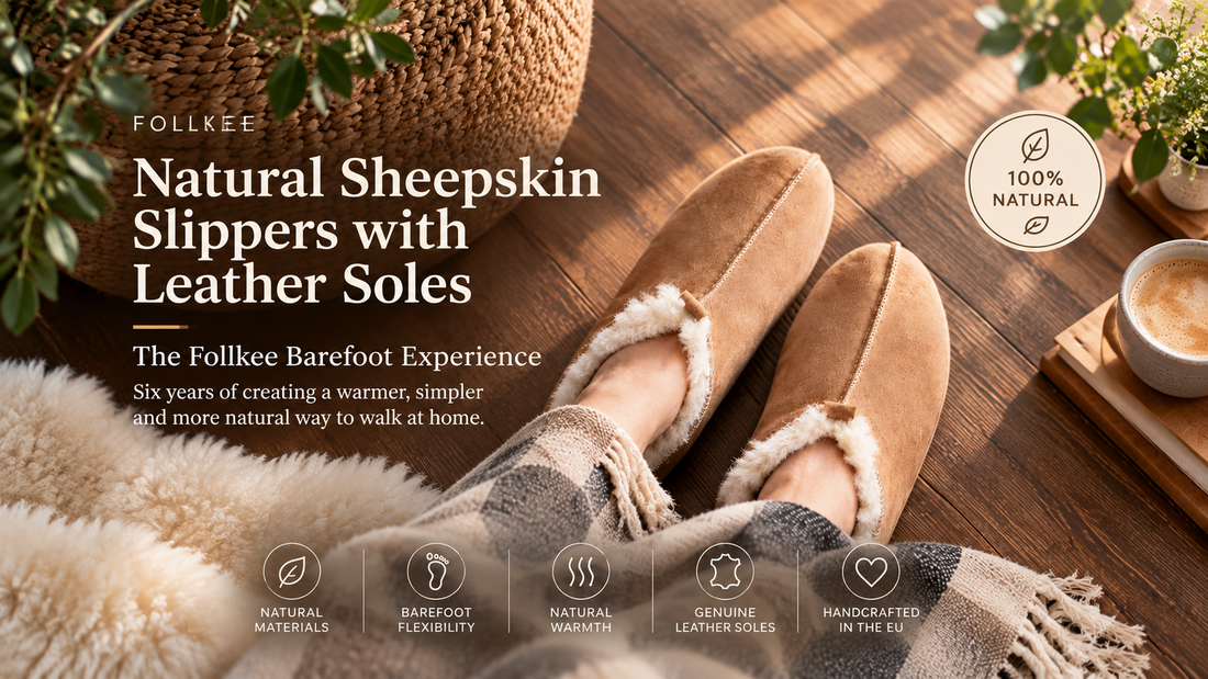 Follkee natural sheepskin slippers with leather soles for barefoot-style walking