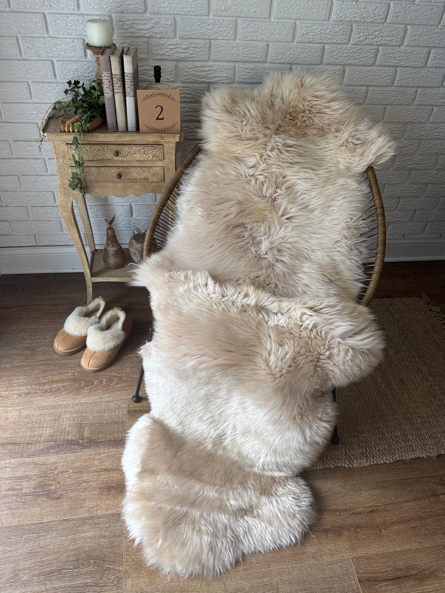 Follkee Natural Two‑Pelt Sheepskin Rug – Champagne Beige Icelandic & Australian Real Hide