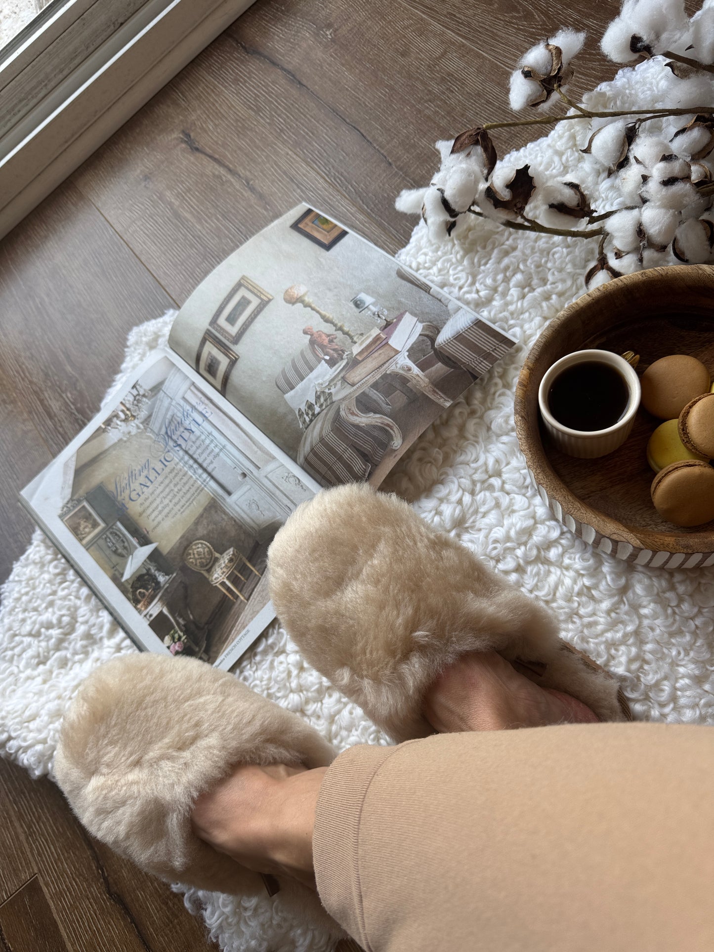 Women’s Merino Wool Slippers – Fluffy Sheepskin | Champagne Color | Handmade Natural Wool House Shoes | Cozy Warm Luxury Gift