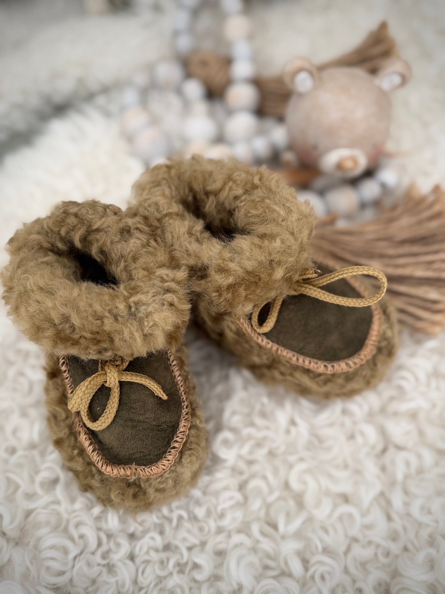 Follkee Children Slippers House Shoes Handcrafted Wool 100% Sheepskin Leather, Stroller Socks, Stroller Booties, Grounding Thick Socks