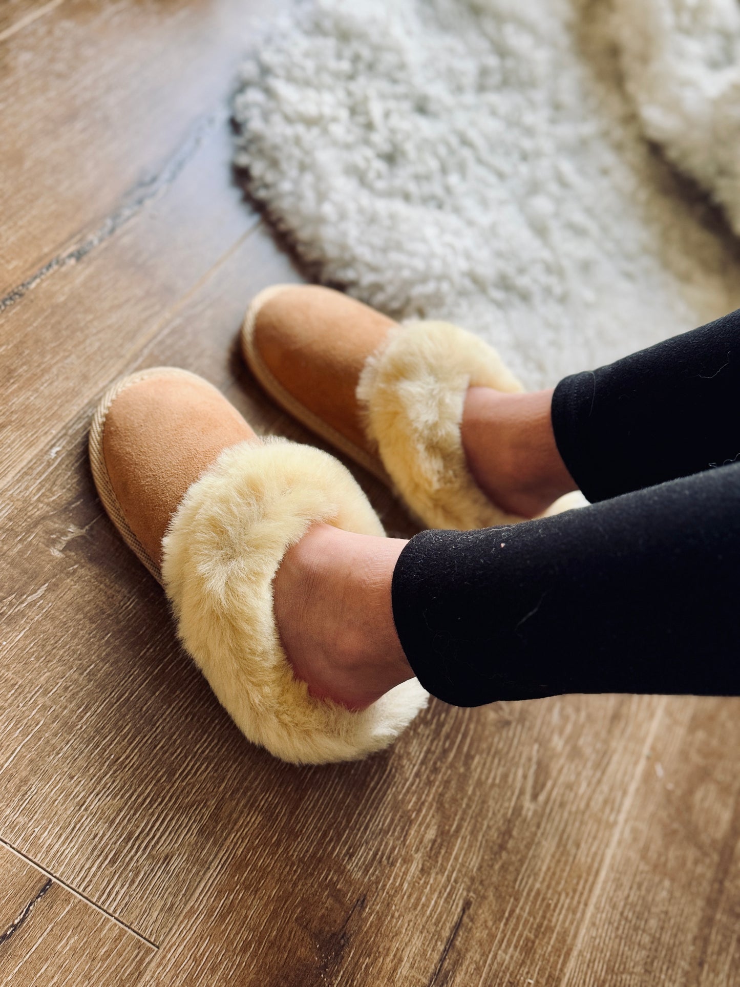 Follkee Kids Slip-on BAMBI Sheep Skin Merino Wool Slippers House Shoes Beige Slippers Leather Barefoot Grounding