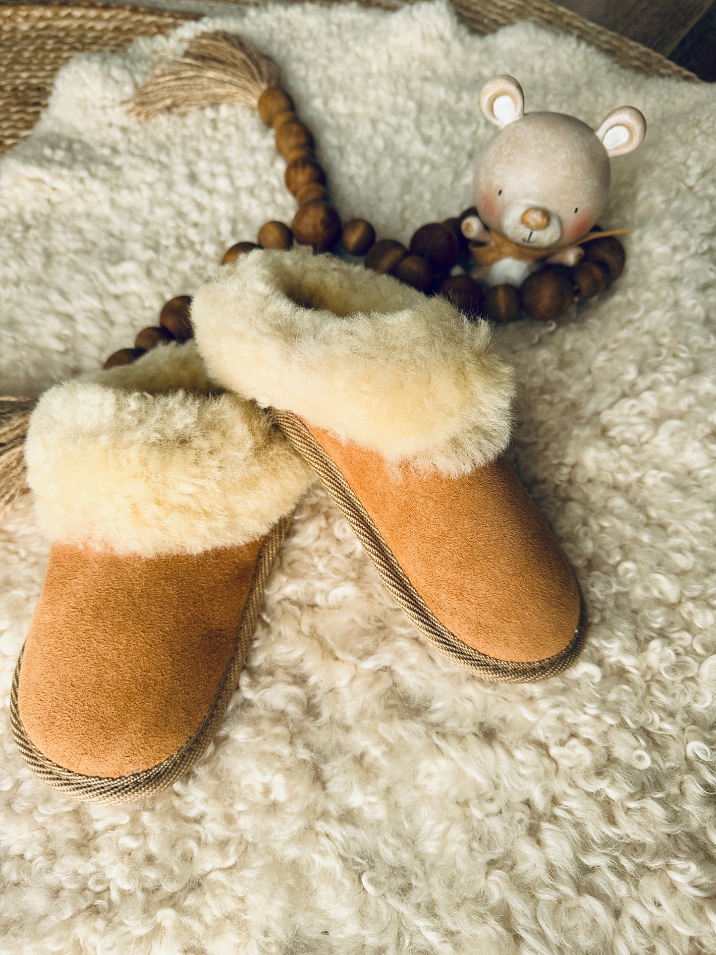 Follkee Kids Slip-on BAMBI Sheep Skin Merino Wool Slippers House Shoes Beige Slippers Leather Barefoot Grounding