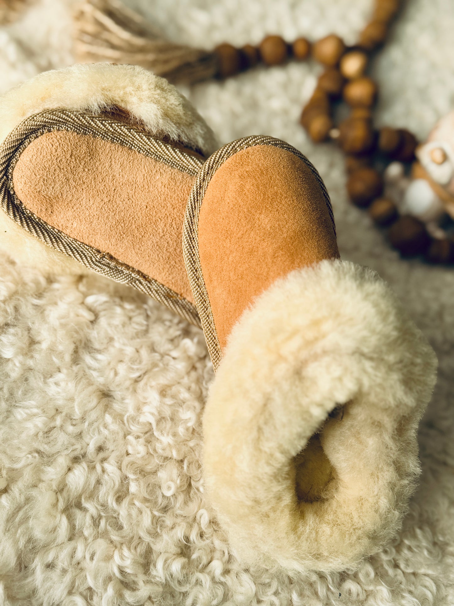 Follkee Kids Slip-on BAMBI Sheep Skin Merino Wool Slippers House Shoes Beige Slippers Leather Barefoot Grounding