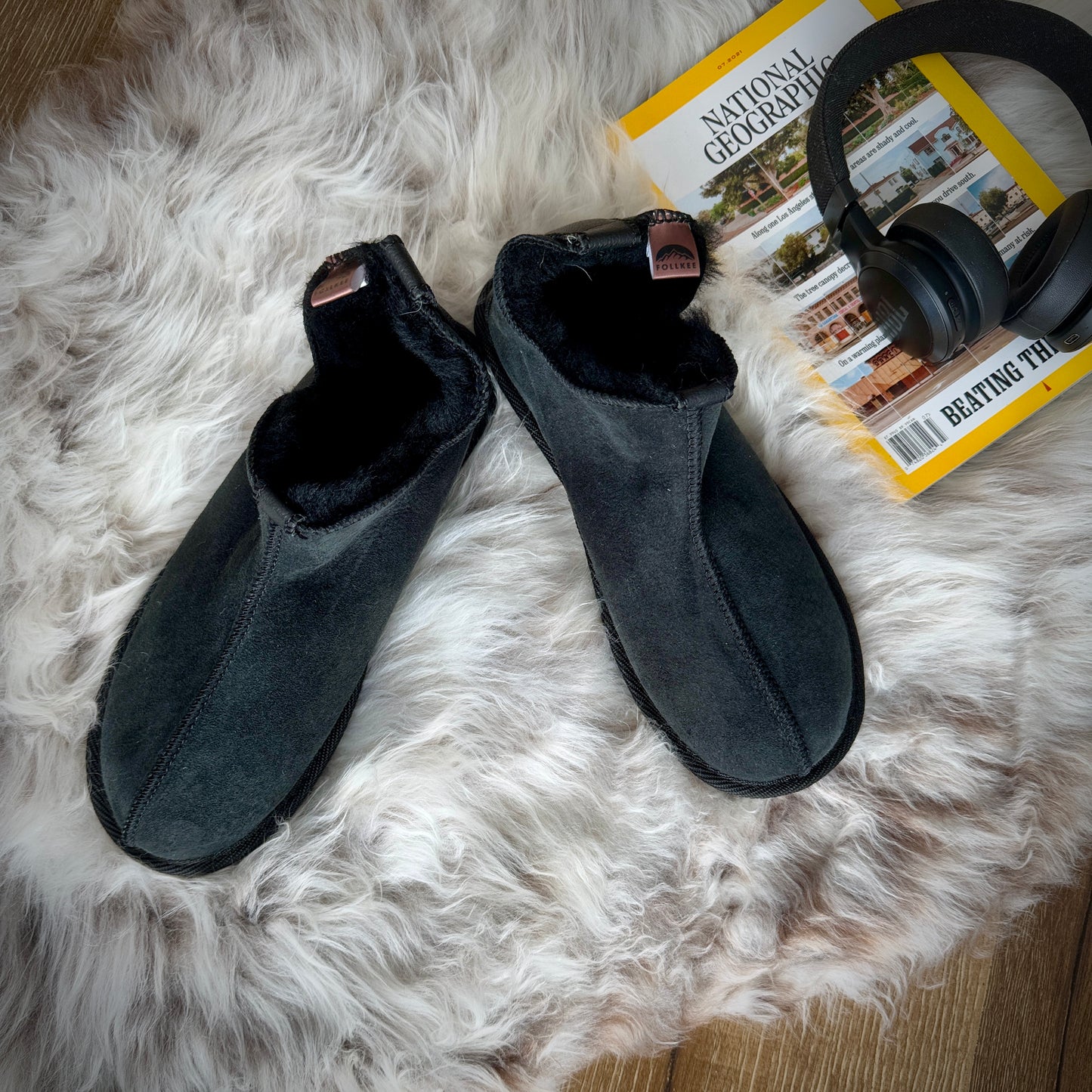 Follkee Slippers Sheep Skin Wool Lined House Shoes Mens Slippers Womens Slippers Black Slippers Handcrafted