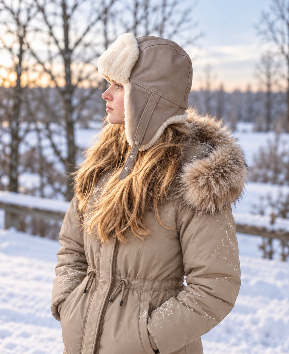 Genuine Sheepskin Aviator Hat for Teens, Women & Men – Merino Wool Leather Trapper Hat, Latte Shades