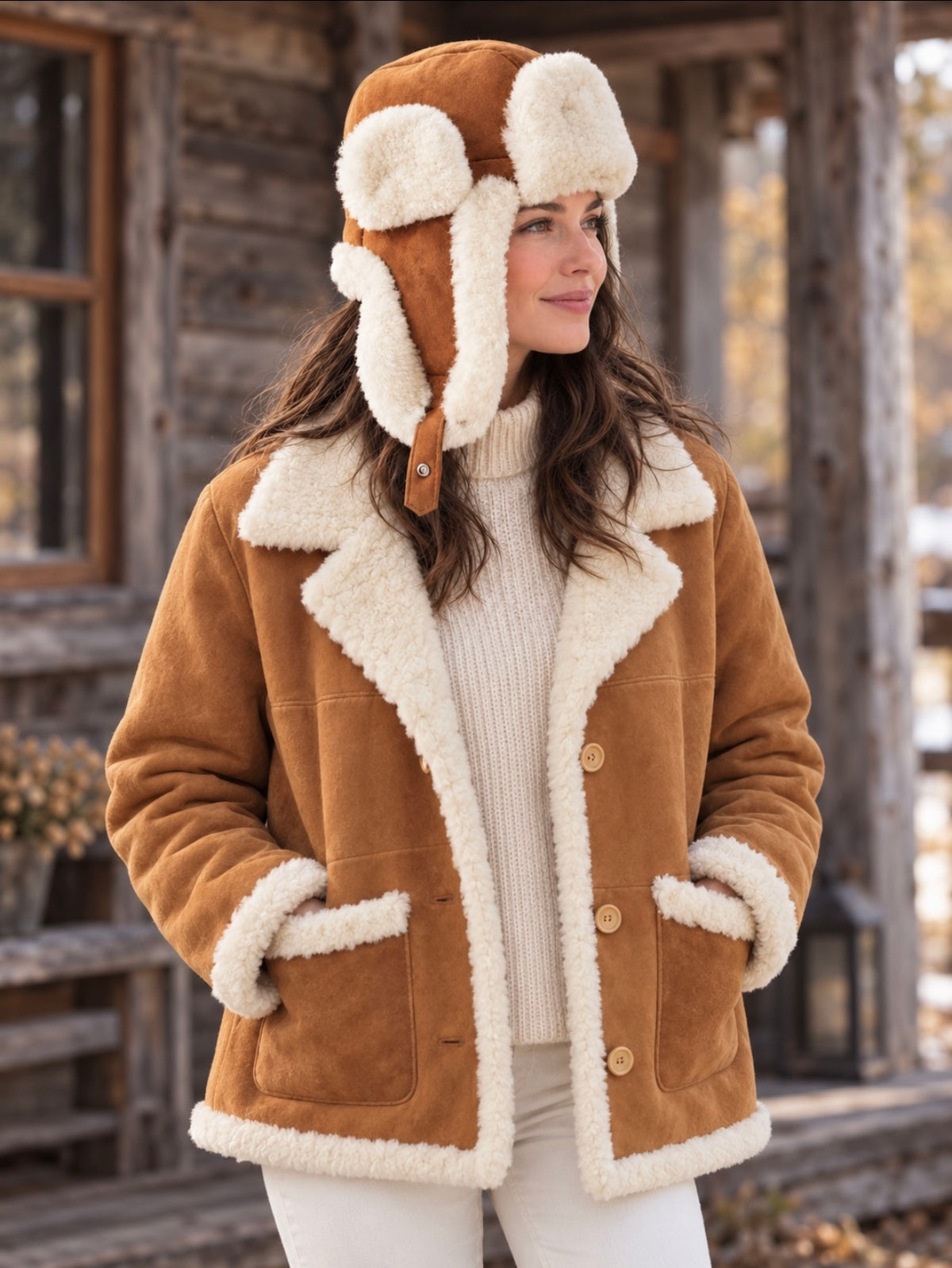 Genuine Sheepskin Aviator Hat – Ginger Brown Leather Trapper Hat for Women & Men, Warm Wool Winter Hat