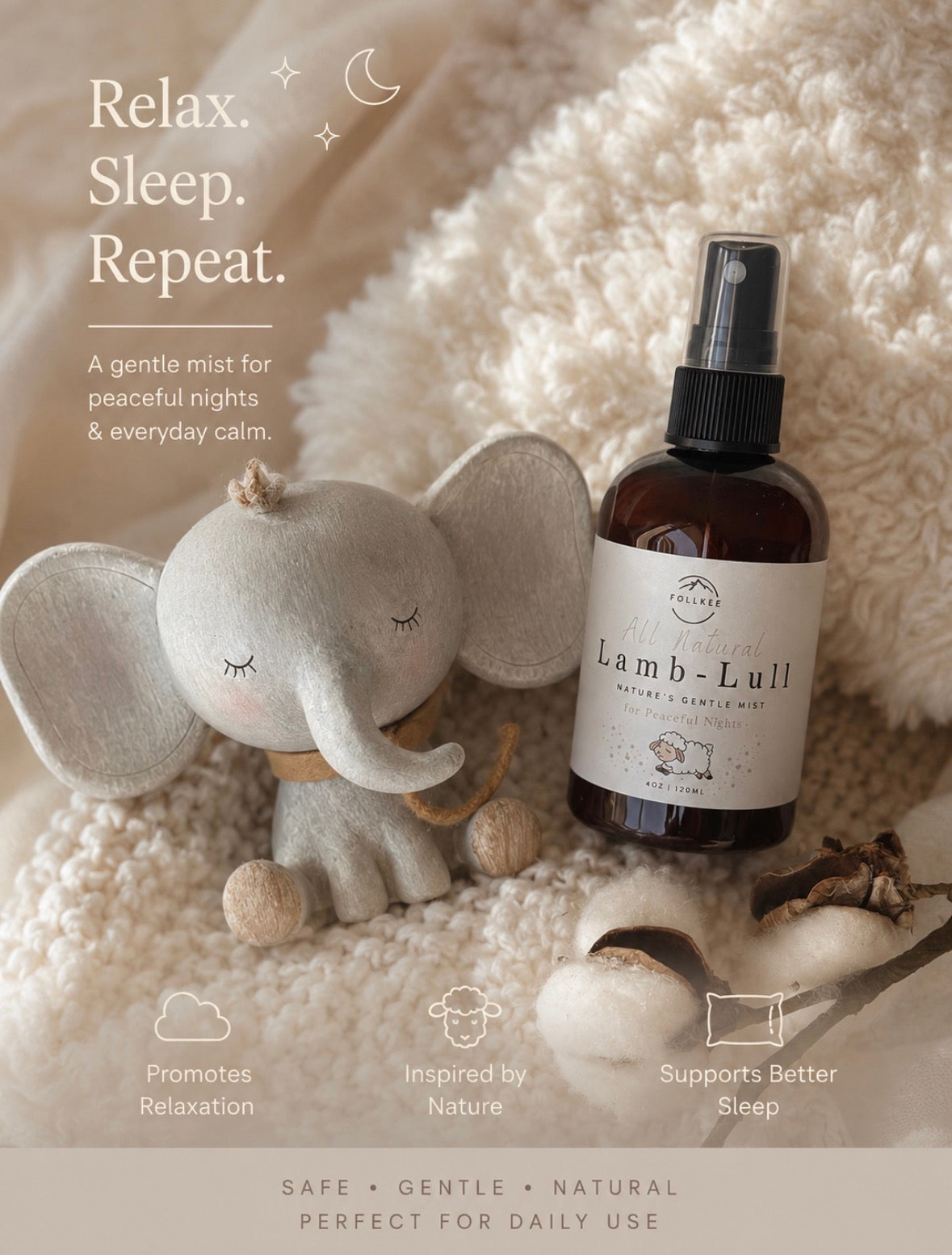 Follkee Relaxing Spray • Lavender Chamomile Lemon Eucalyptus • Nature’s Hug Mist • Good for Baby • Peaceful Nights 4oz.