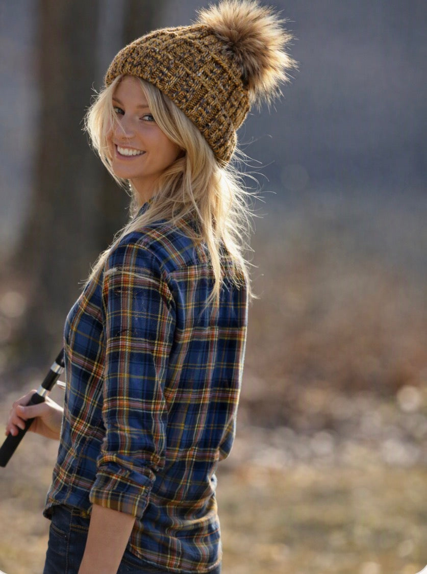 Follkee Ribbed Knit Beanie with Natura Fur Pom • Cozy Winter Hat • Soft Stretch Fit