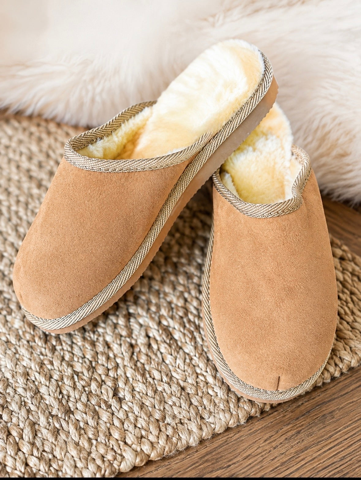 Follkee Slippers Sheep Skin Merino Wool Slippers Mens  House Shoes Slip On Slippers Beige Slippers Leather Slippers Shearling Slippers