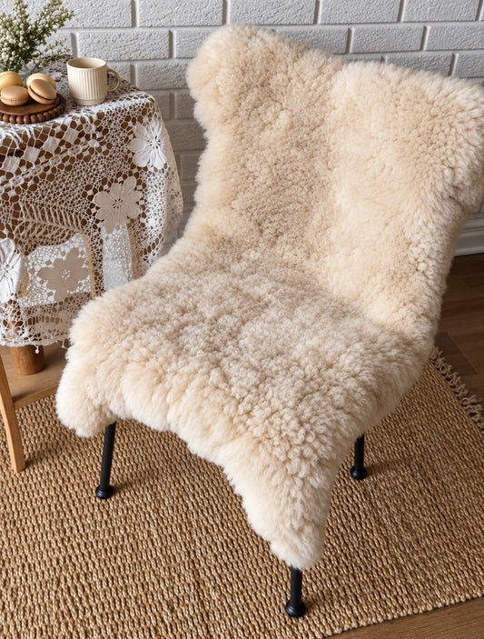 Short Soft Wool Follkee Sheepskin Rug – Champagne Beige Taupe Icelandic & Australian Real Sheepskin Throw