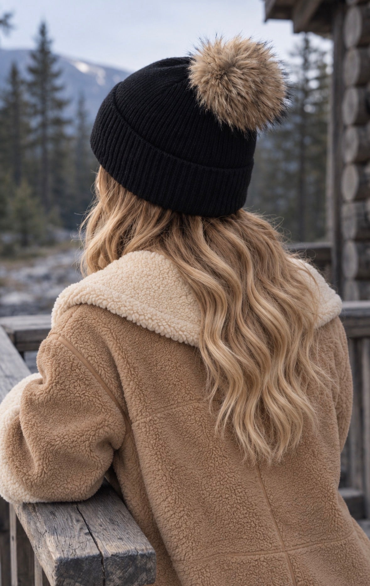 Follkee Black Ribbed Beanie with Fur Pom • Cozy Winter Hat • Soft Stretch Fit