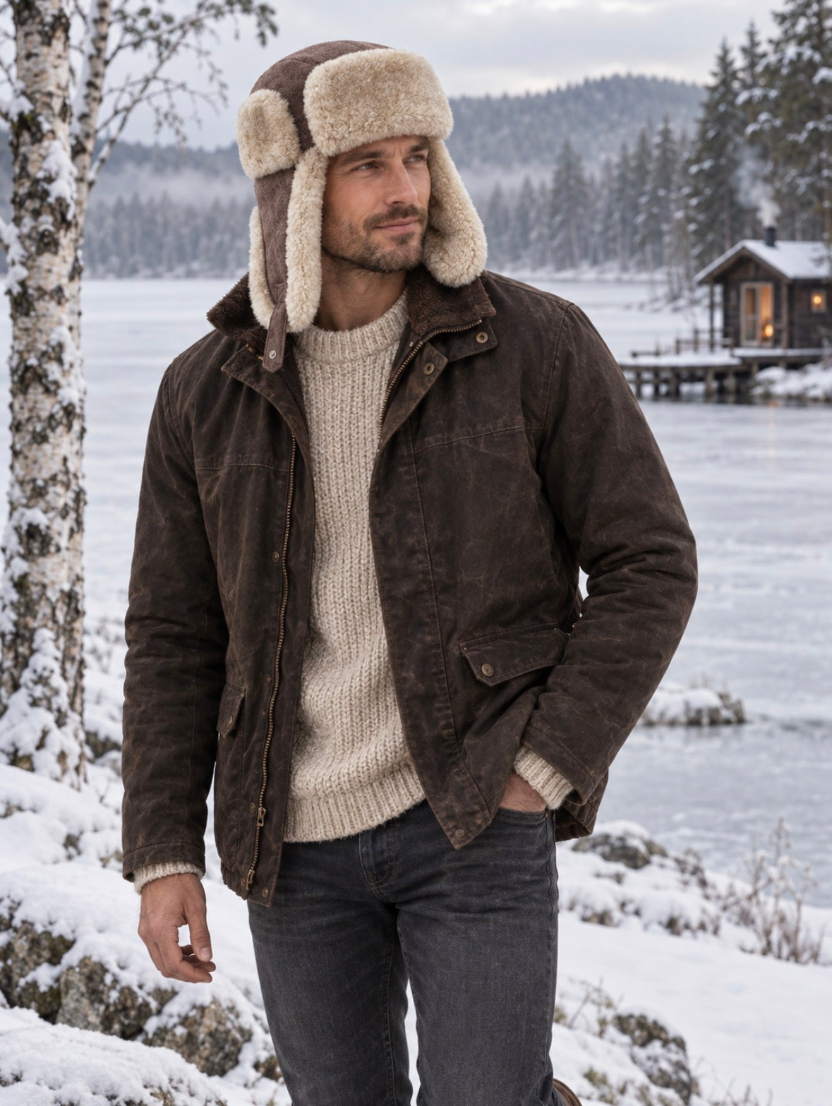 Follkee Men Aviator Hat 100% Sheepskin Wool Lined Handcrafted Luxury