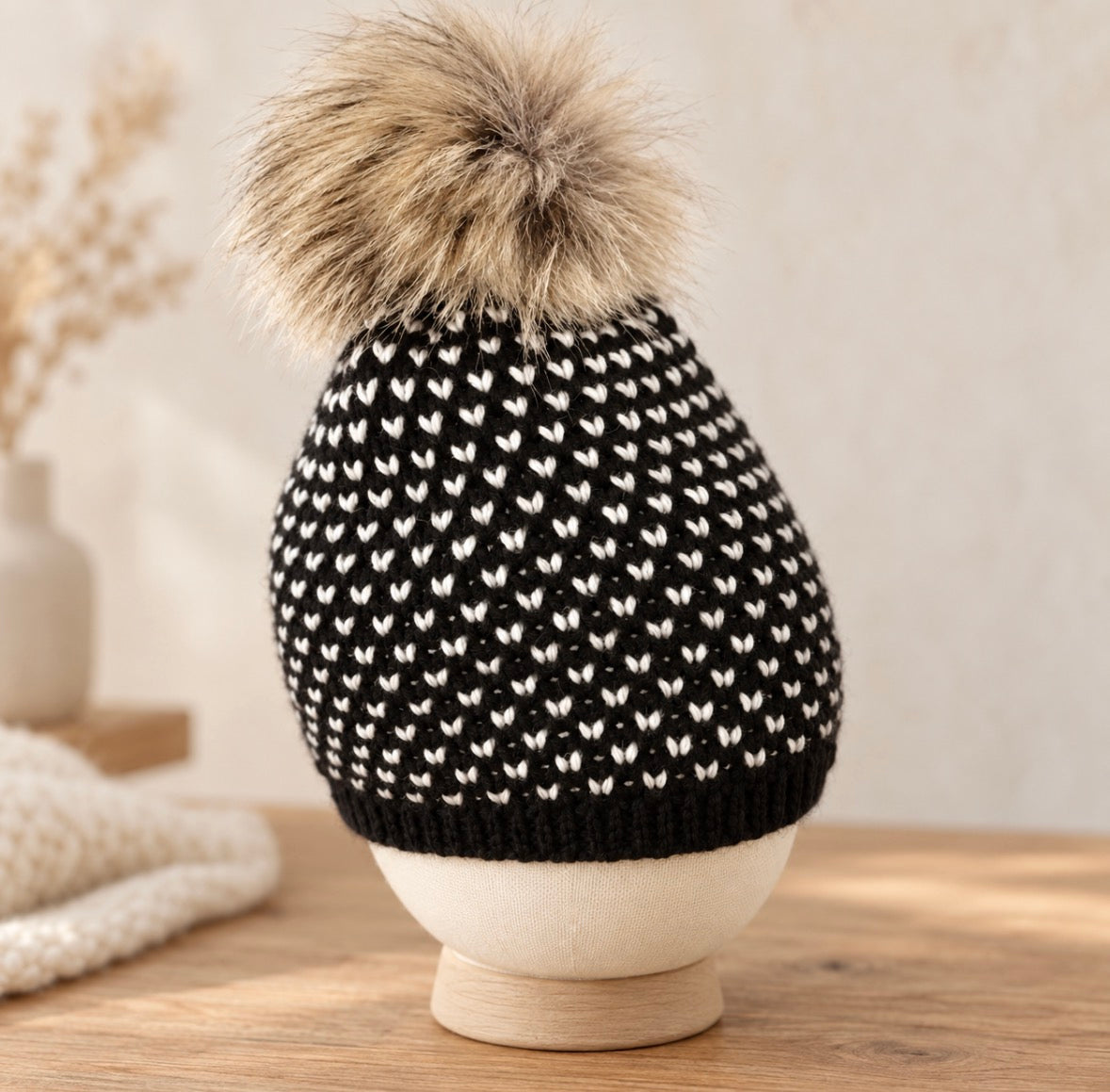 Fur Pom Pom Beanie plus Scarf for Women, Fleece Lined Cable Knit Winter Hat, Warm Cozy Ski Hat, European Style Beanie, Winter Gift