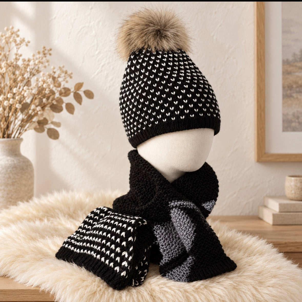 Fur Pom Pom Beanie plus Scarf for Women, Fleece Lined Cable Knit Winter Hat, Warm Cozy Ski Hat, European Style Beanie, Winter Gift