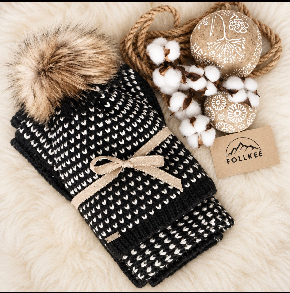 Fur Pom Pom Beanie plus Scarf for Women, Fleece Lined Cable Knit Winter Hat, Warm Cozy Ski Hat, European Style Beanie, Winter Gift