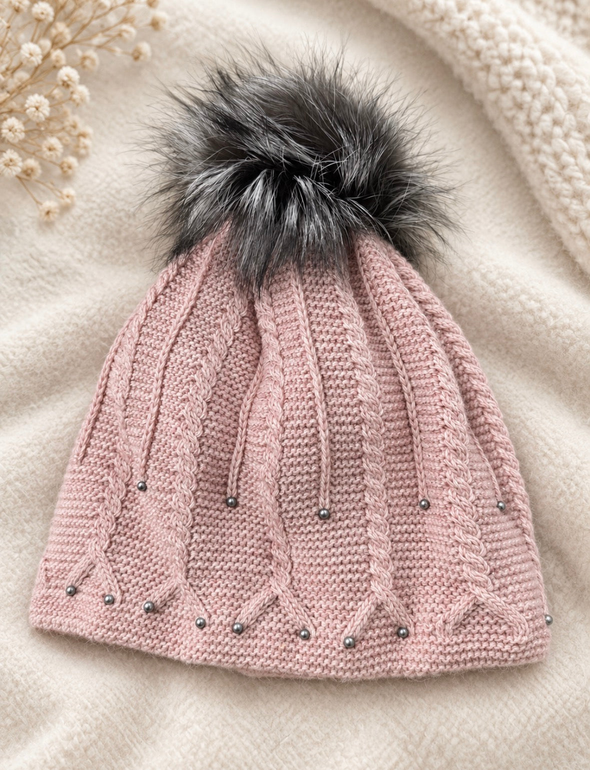 Fur Fluffy PomPom Women's Beanie Hat, Fleece Lined, Women Winter Hat, Chunky Hat, Knit Hat