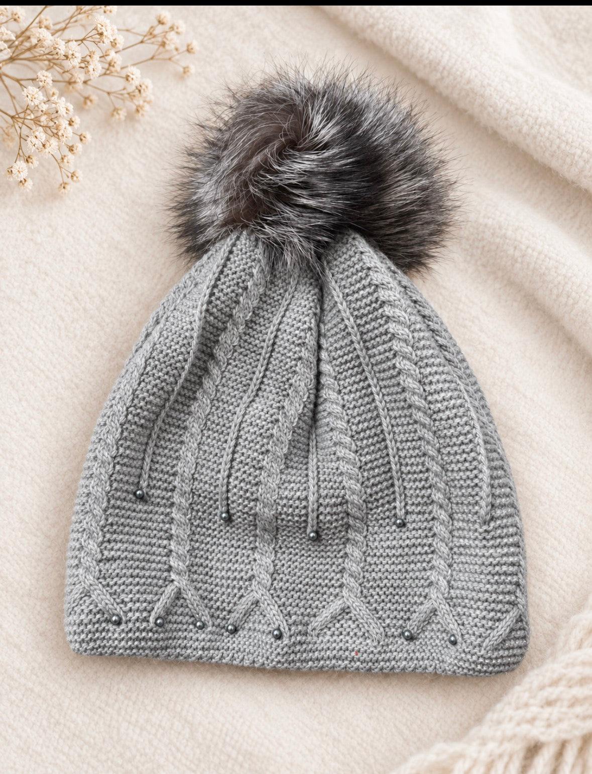 Fur Fluffy PomPom Women's Beanie Hat, Fleece Lined, Women Winter Hat, Chunky Hat, Knit Hat