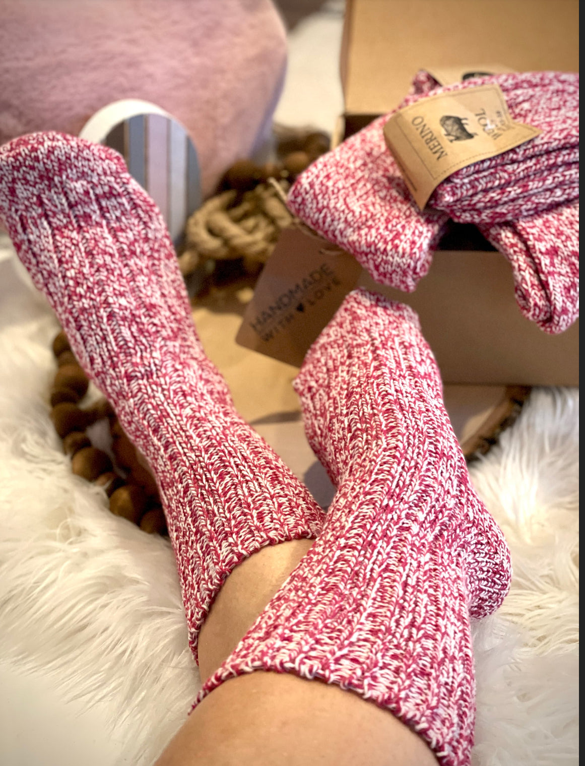 Follkee Unisex Merino Wool Pink Socks Perfect Spring Hiking a Great Gift Idea