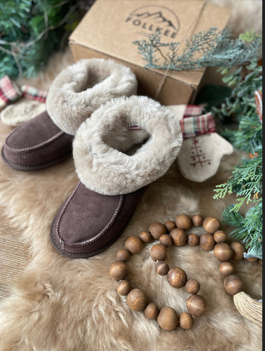Follkee Slippers 100% Sheep Skin Wool Lined Handcrafted Sustainable Brown