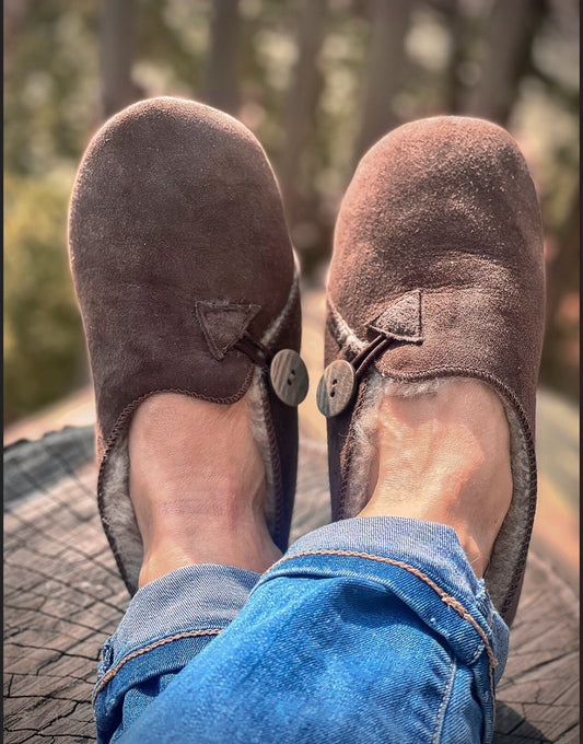 Follkee Slippers Bambosh Chocolate Brown Natural Organic Sheep Skin Wool Handcrafted