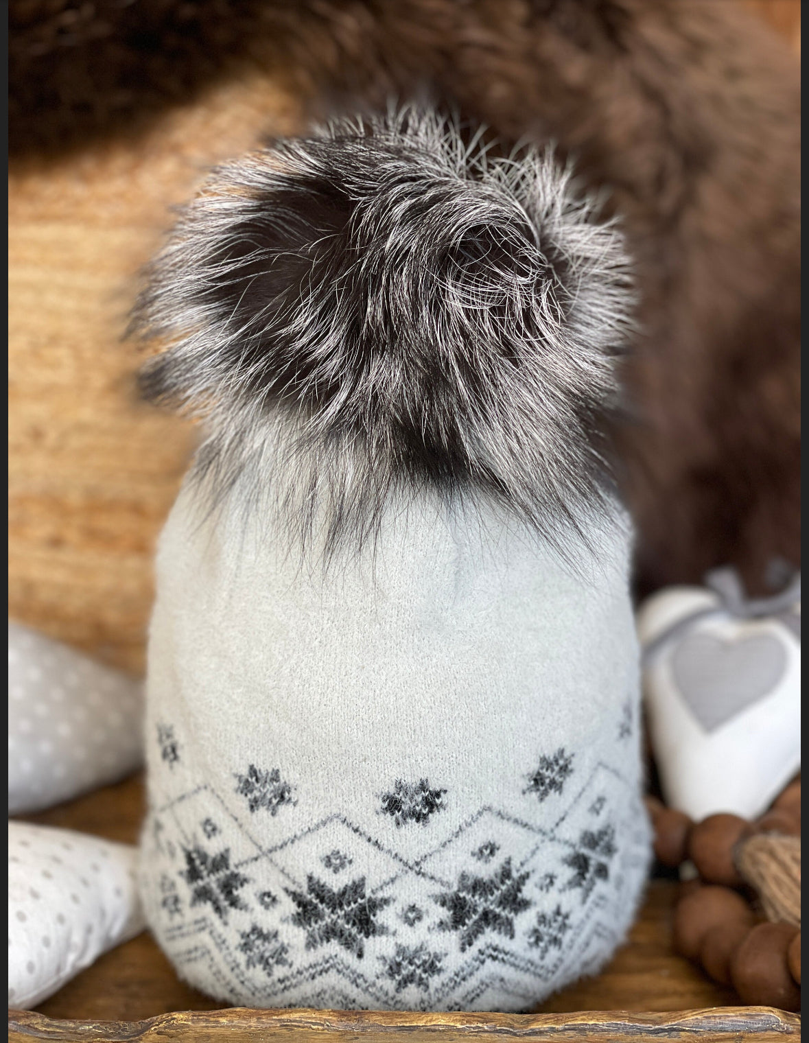 Natural Fluffy PomPom Women's Beanie Hat, Fleece Lined